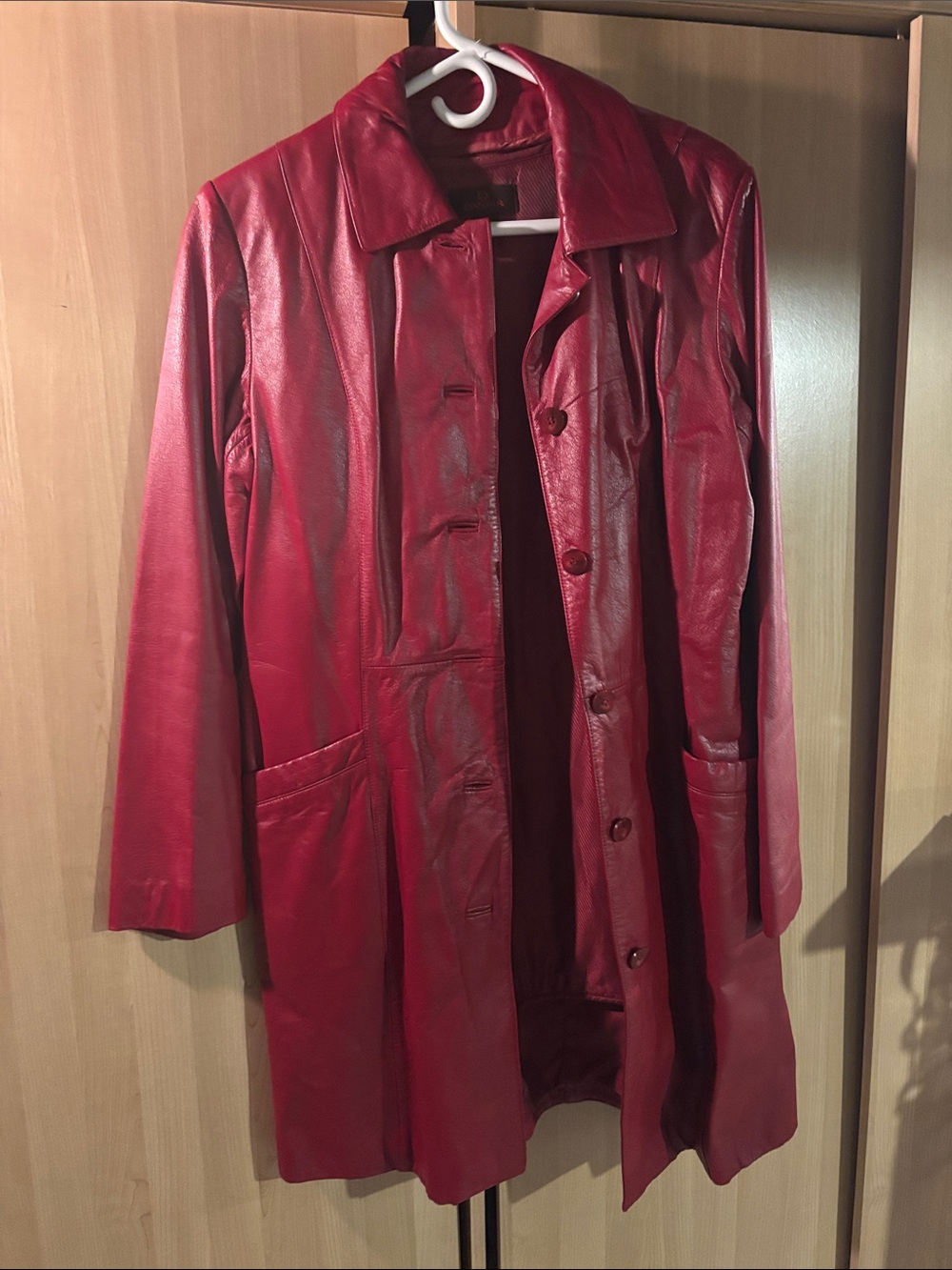 Danier Red Leather Trench Coat with Button Front
